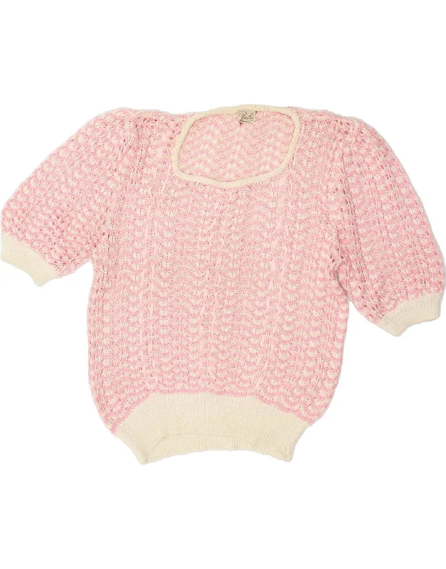 Markdowns VINTAGE Womens Short Sleeve Boat Neck Jumper Sweater UK 14 Medium Pink