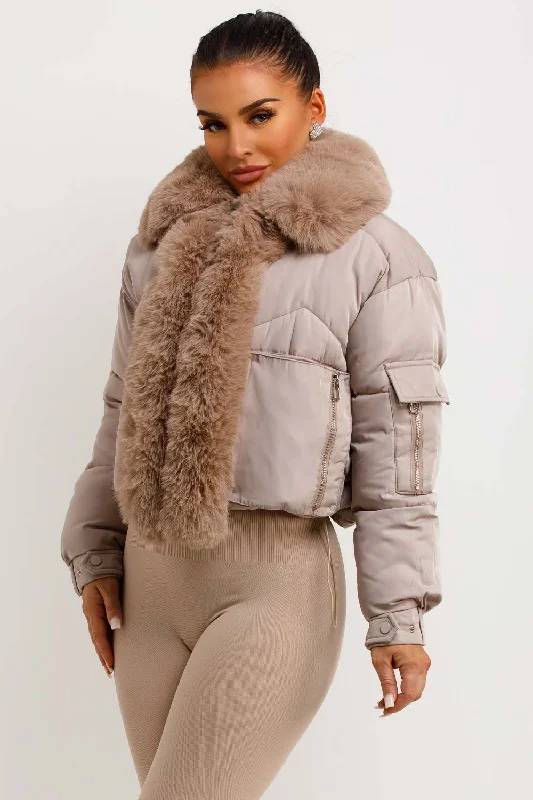 Midnight Madness Puffer Jacket With Fur Trim Beige