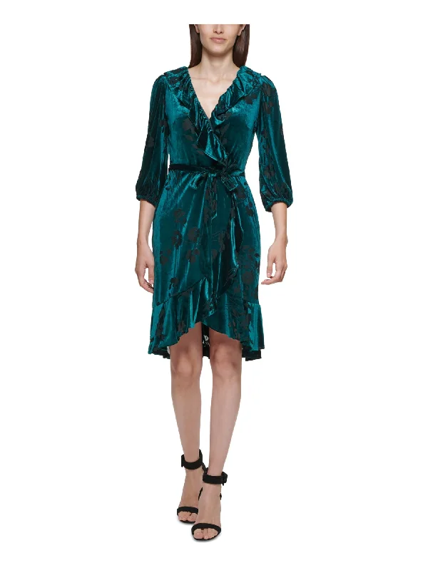 Bargain Prices CALVIN KLEIN Womens Zippered 3/4 Sleeve Surplice Neckline Above The Knee Evening Faux Wrap Dress