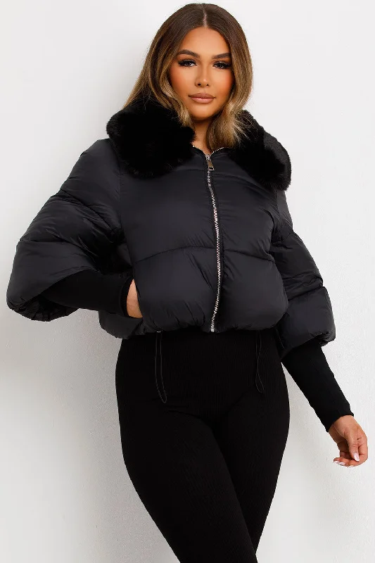 Weekend Deal Faux Fur Collar Puffer Jacket Black