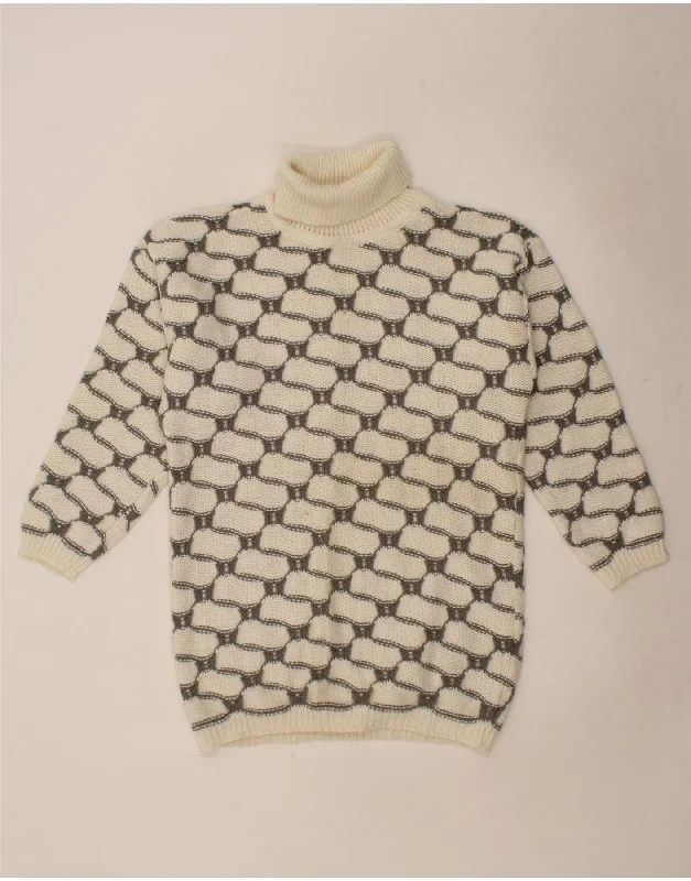 VINTAGE Womens Roll Neck Jumper Sweater UK 14 Large Off White Geometric