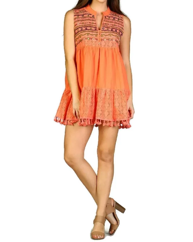 Lace & Fringe Embroidered Sleeveless Dress In Coral