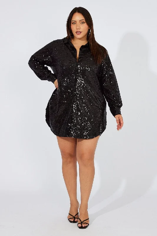 Black Sequin Long Overshirt Jacket