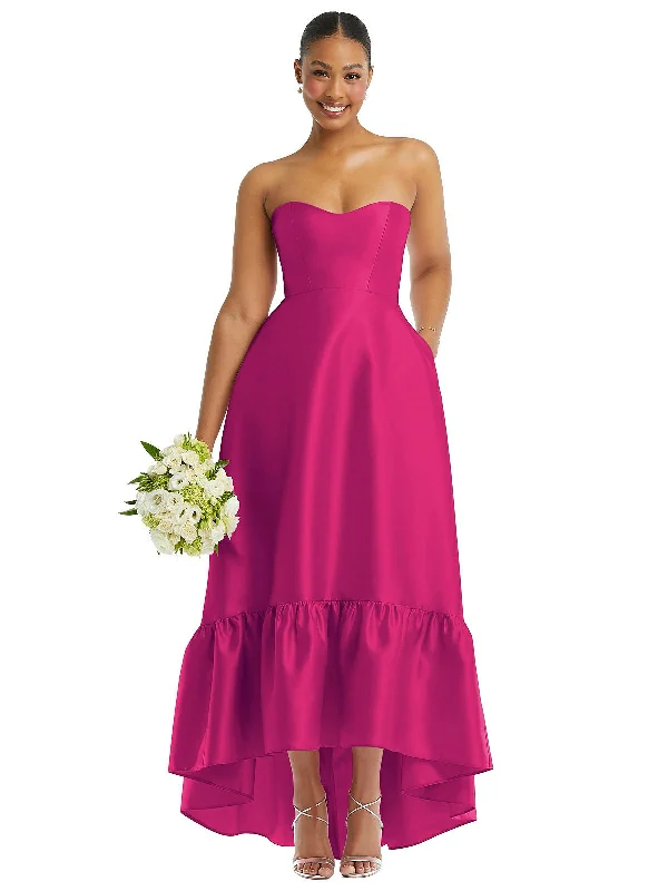 Loyalty Reward Strapless Deep Ruffle Hem Satin High Low Dress with Pockets