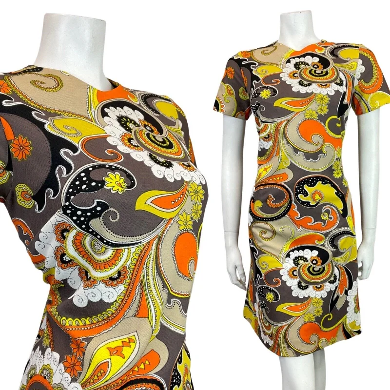 Markdown Madness VINTAGE 60s 70s GREY YELLOW BLACK ORANGE PSYCHEDELIC MANDALA FLORAL MOD DRESS 12
