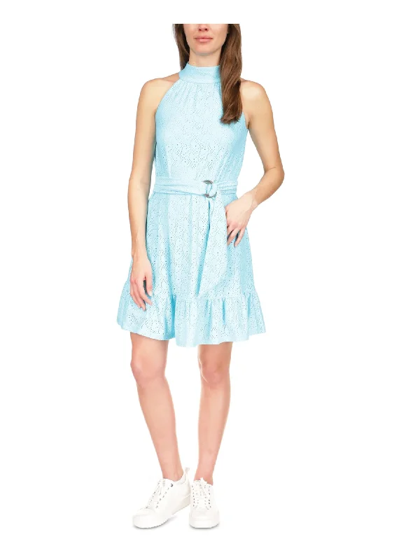 Act Fast MICHAEL MICHAEL KORS Womens Turquoise Eyelet Belted Keyhole Back Tiered Hem Lined Sleeveless Mock Neck Short Wear To Work Shift Dress