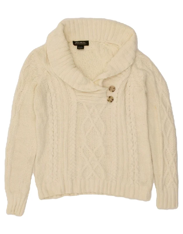 Midnight Sale EDDIE BAUER Womens Shawl Neck Jumper Sweater UK 10 Small Off White Cotton