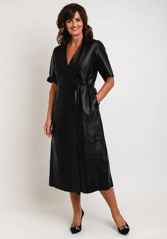 Sale Event Selected Femme Lola Midi Leather Wrap Dress, Black