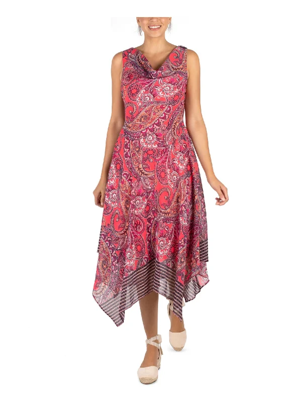 Price Cut SIGNATURE BY ROBBIE BEE Womens Coral Printed Sleeveless Cowl Neck Midi Party Sheath Dress