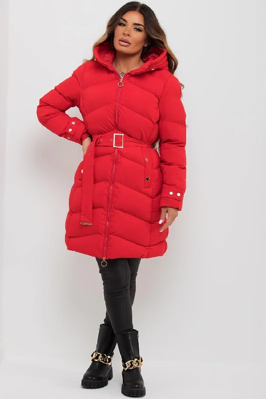 Last Chance Red Long Puffer Coat With Belt And Gold Button Detail