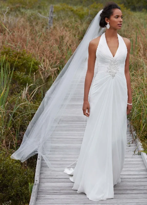 Steals and Deals David's Bridal chiffon halter wedding gown with beaded embroidery