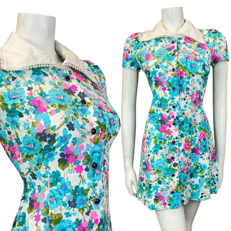 Year-End Sale VINTAGE 60s 70s BLUE PINK WHITE FLORAL DITSY WING COLLAR MOD SHORT DRESS 8 Year-End Sale VINTAGE 60s 70s BLUE PINK WHITE FLORAL DITSY WING COLLAR MOD SHORT DRESS 8