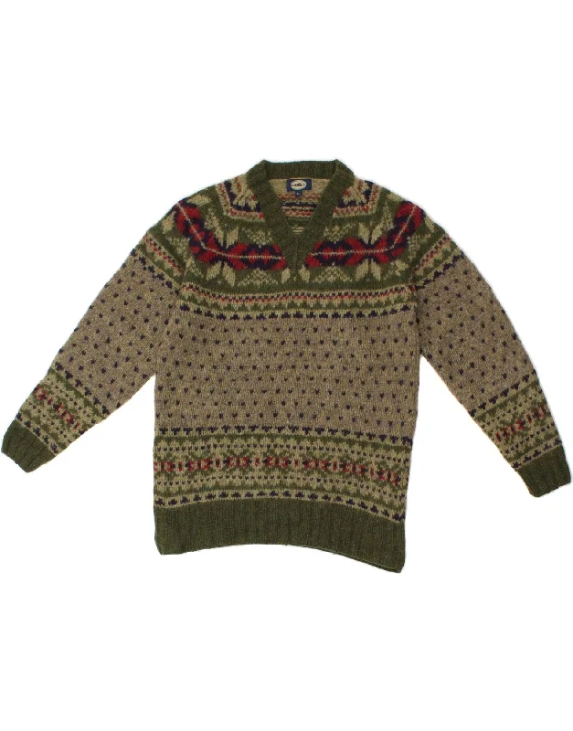 Super Deal VINTAGE Womens V-Neck Jumper Sweater UK 14 Medium Khaki Fair Isle Wool