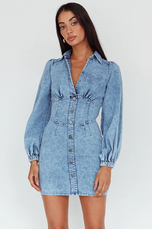 South Beach Long Sleeve Collared Mini Dress Denim