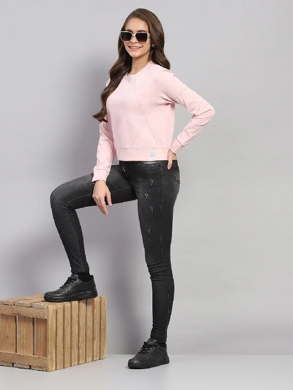 Women Pink Solid Round Neck Full Sleeve Sweatshirt