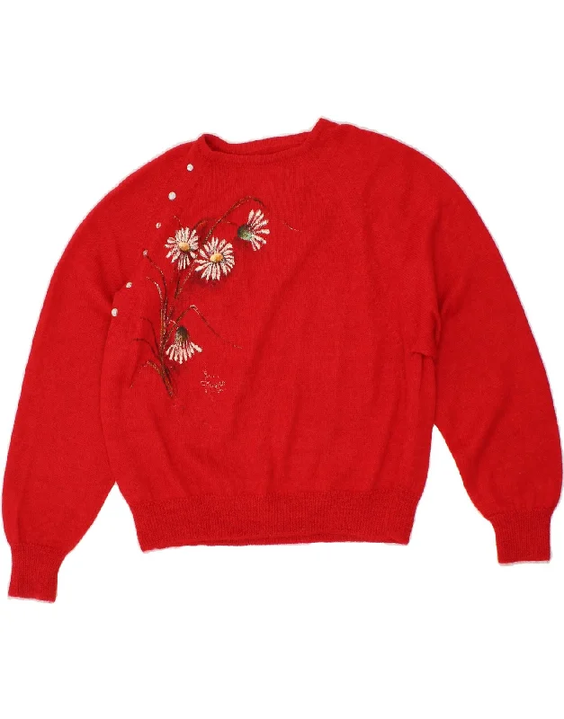 Shop and Save VINTAGE Womens Boat Neck Jumper Sweater UK 12 Medium Red Floral