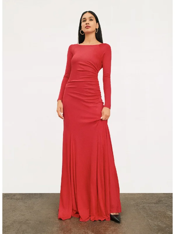Weekend Deal DONNA KARAN NEW YORK Womens Red Zippered Ruched Deep V-back Lined Boat Neck Full-Length Evening Gown Dress