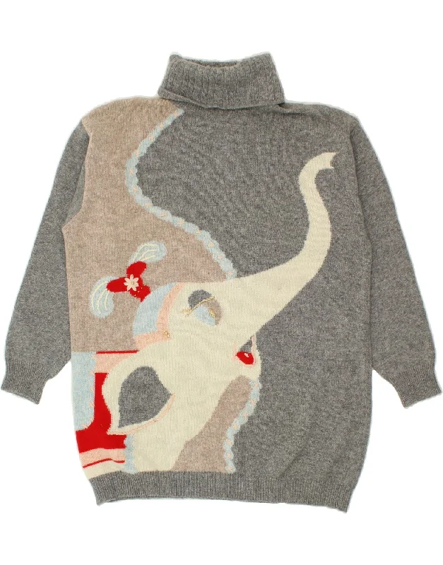 Quick Sale VINTAGE Womens Graphic Roll Neck Jumper Sweater UK 16 Large Grey Wool