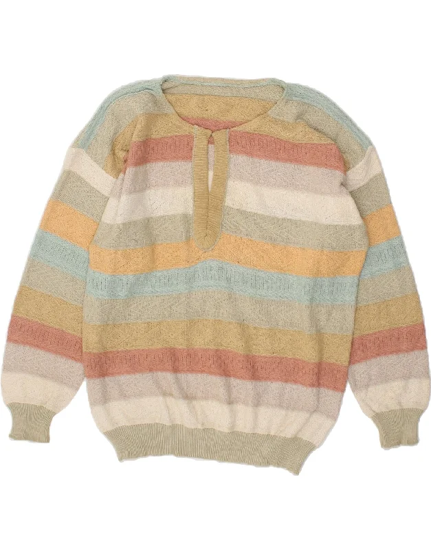 VINTAGE Womens V-Neck Jumper Sweater UK 16 Large Multicoloured Striped