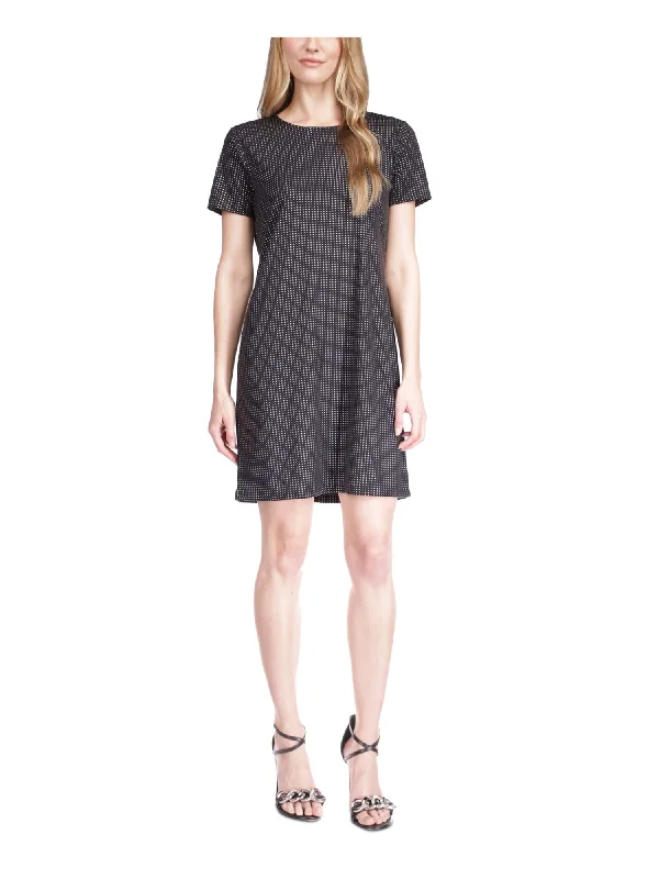 Best Deals MICHAEL MICHAEL KORS Womens Black Zippered Unlined Sheer Polka Dot Short Sleeve Crew Neck Above The Knee T-Shirt Dress