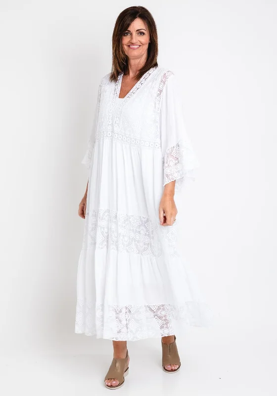 Stock Up and Save The Serafina Collection One Size Broidery Smock Maxi Dress, White