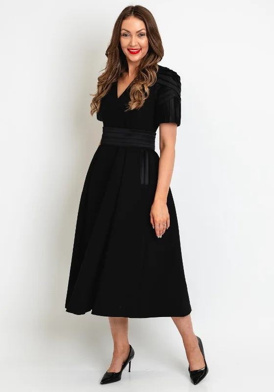 Limited Availability Exquise Satin Pleated Sleeve Midi Dress, Black