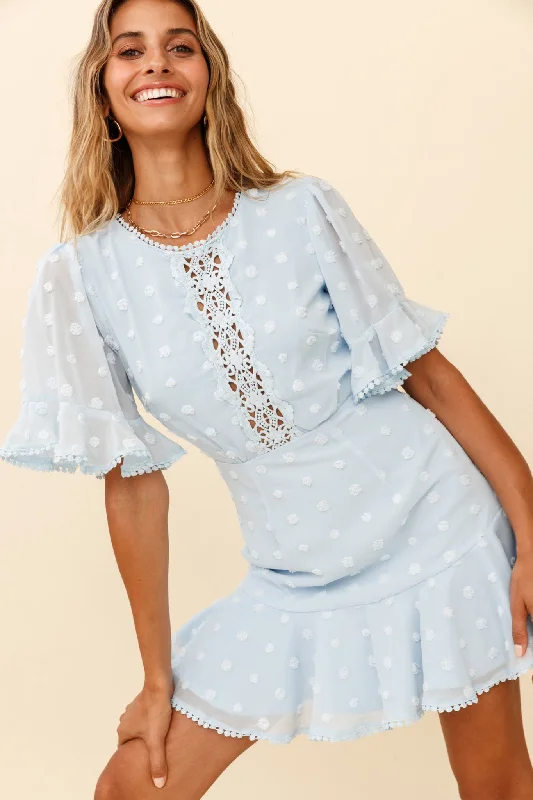Final Clearance Afternoon Delight Crochet Bust Accent Open Back Dress Baby Blue
