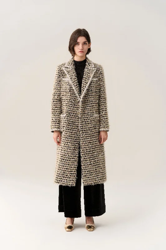 Hurry In Double-breasted Frayed-detail Lapel Tweed Coat