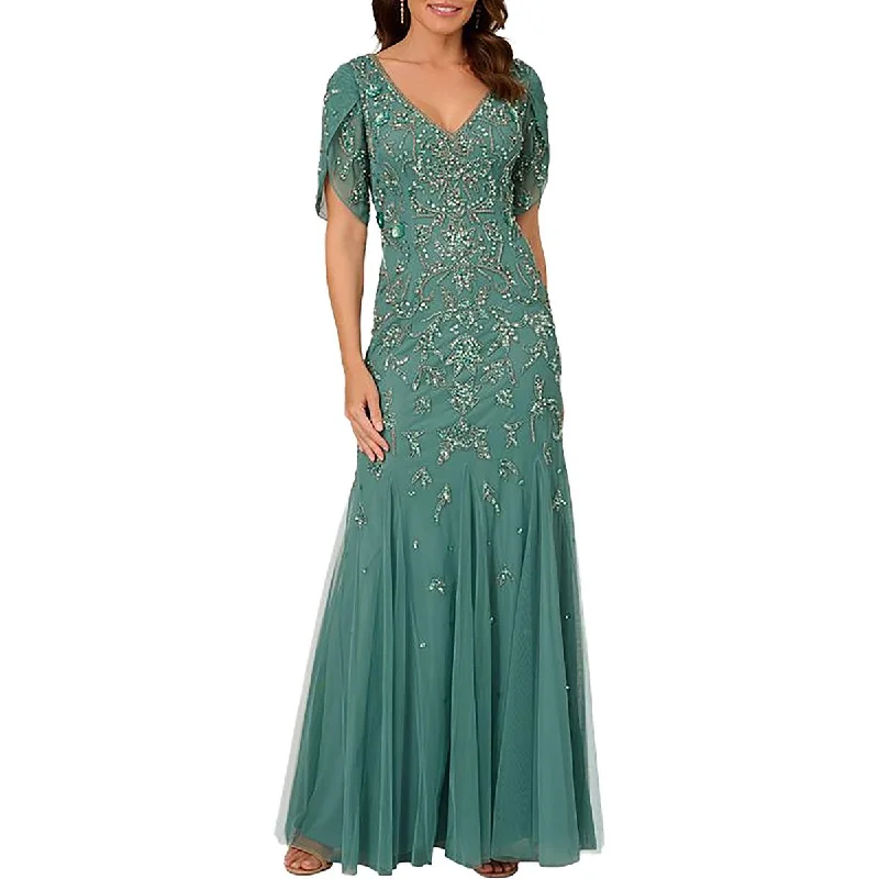 Womens Embellished Mesh Evening Dress