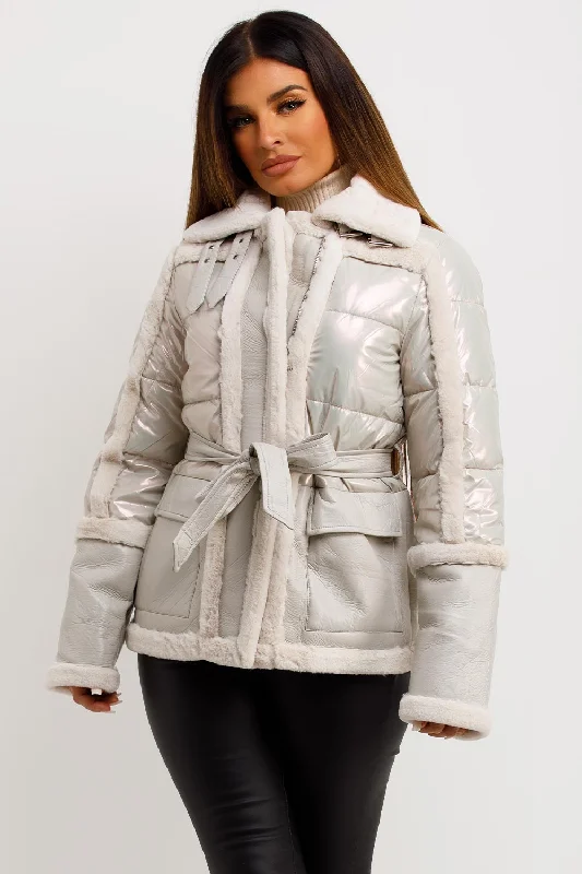 Amazing Deals Faux Fur Trim Faux Suede Jacket In Ivory
