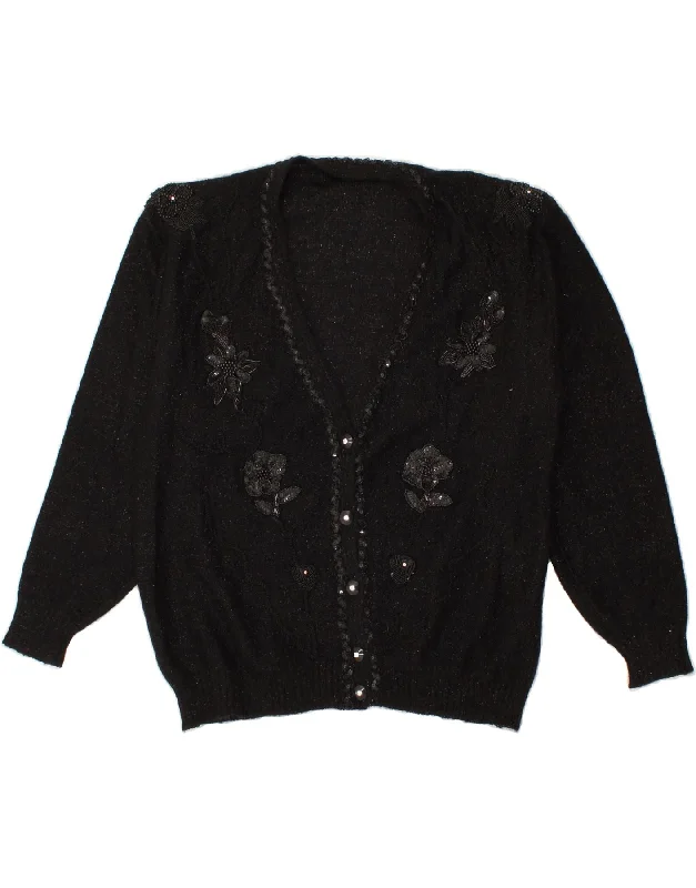 VINTAGE Womens Cardigan Sweater UK 16 Large Black Floral