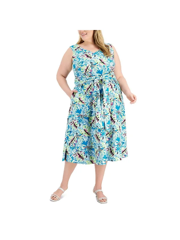 Plus Womens Linen Blend Floral Midi Dress