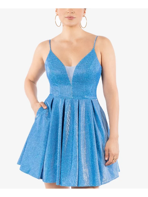Special Discount B DARLIN Womens Blue Stretch Zippered Pocketed Glitter Mesh Inset V Neck Short Party Fit + Flare Dress