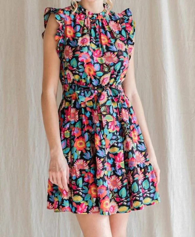 Limited Availability Floral Print Waist Tie Ruffle Dress In Black Mix