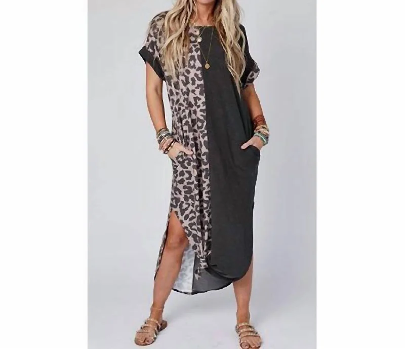 Crazy Deals Maxi Dress With Rolled Sleeves In Black Leopard