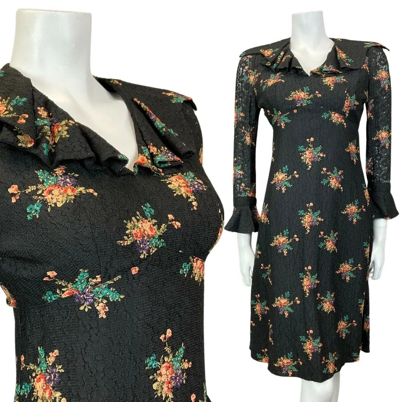 Online Only VINTAGE 60s 70s BLACK GREEN LILAC BOUQUET FLORAL LACE RUFFLE SHORT DRESS 8