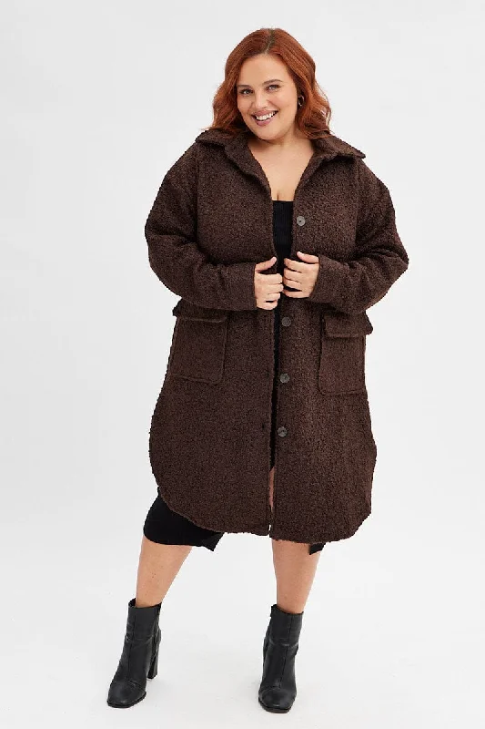 Brown Boucle Shacket Coat Longline