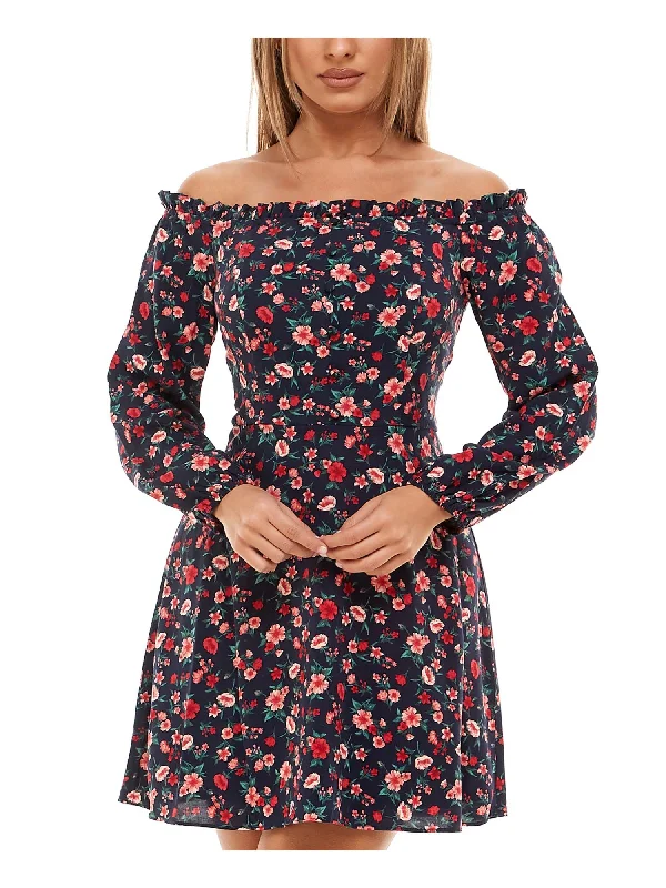 Special Buy B DARLIN Womens Navy Zippered Floral Long Sleeve Off Shoulder Short Evening Fit + Flare Dress Special Buy B DARLIN Womens Navy Zippered Floral Long Sleeve Off Shoulder Short Evening Fit + Flare Dress