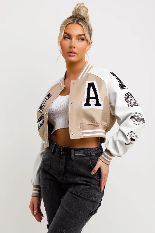 Overstock Sale Varsity Bomber Faux Leather Jacket With Letter Detail Beige