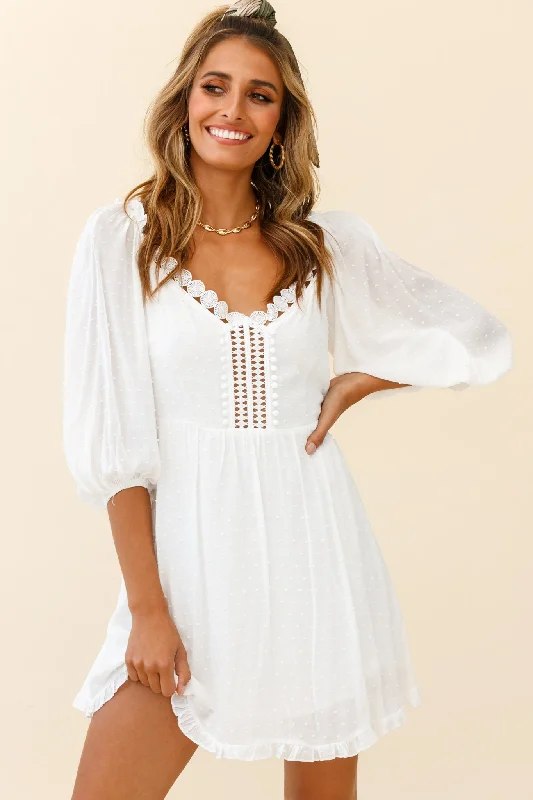 Reduced Prices Dream Lover Puff Sleeve Crochet Insert Dress White