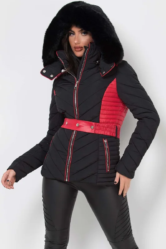 New Arrival Puffer Quilted Jacket With Faux Fur Hood Belted Black And Red