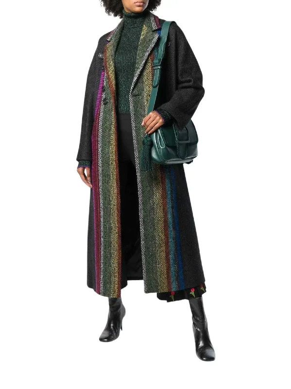 Runway Wool Blend Striped Long Coat In Multicolor