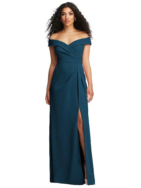 Get It Before It’s Gone Cuffed Off-the-Shoulder Pleated Faux Wrap Maxi Dress