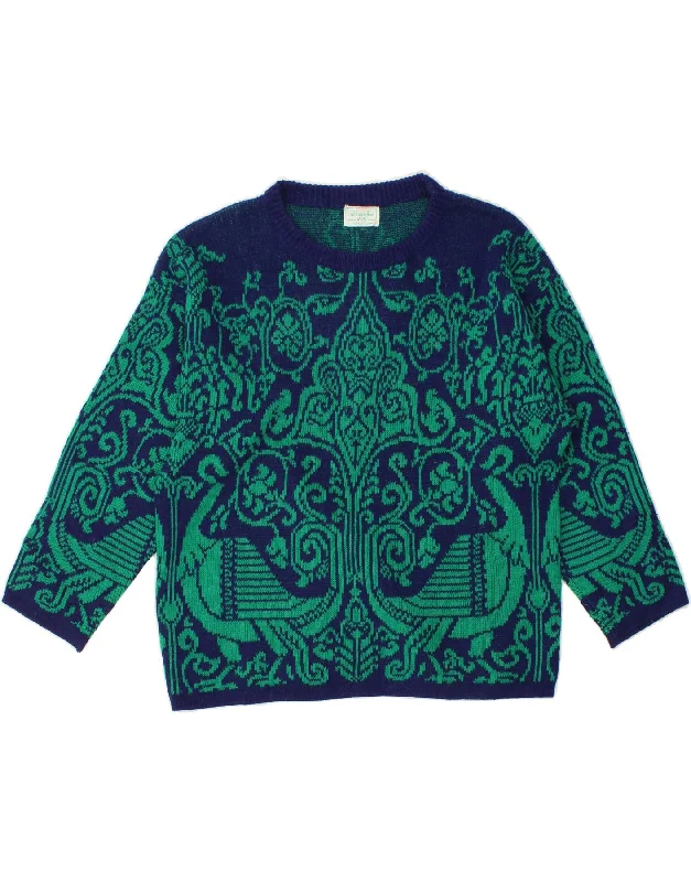 BENETTON Womens Crew Neck Jumper Sweater UK 14 Large Green Fair Isle