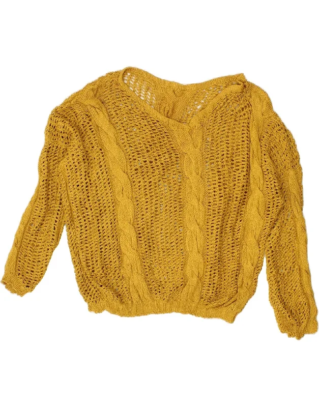 VINTAGE Womens See Through V-Neck Jumper Sweater UK 20 2XL Yellow