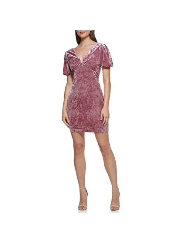 Weekend Deal GUESS Womens Maroon Textured Zippered Shirred At Neck Line Pouf Sleeve V Neck Short Party Body Con Dress
