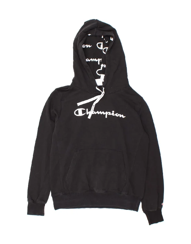 CHAMPION Womens Graphic Hoodie Jumper UK 16 Large Black Cotton