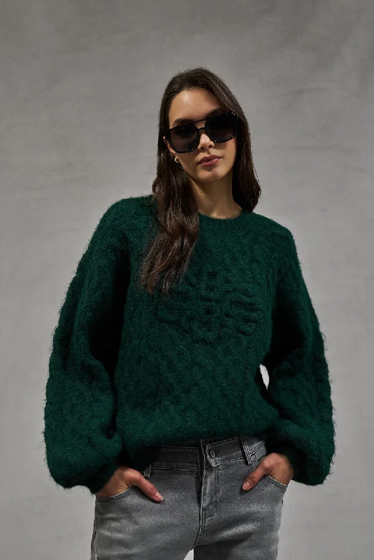 Get It Before It’s Gone FLUFFY CABLE KNIT EMBLEM JUMPER - FOREST GREEN