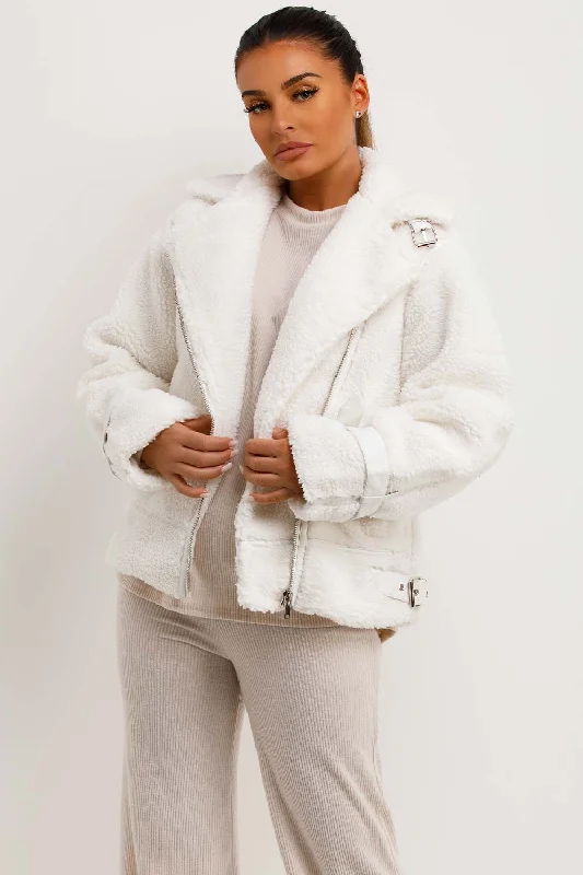 YEAR-End Sale Cream Teddy Aviator Jacket Beige