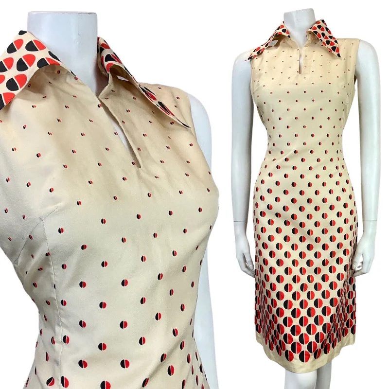 Overstock VINTAGE 60s 70s CREAM RED BLACK DOTTY WING COLLAR SLEEVELESS MIDI DRESS 10 12